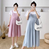 Pregnant woman one-piece dress for summer dress new fake two splicing pure cotton short sleeve skirt summer long skirt woman big code gestation woman dress