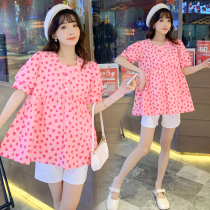 Pregnant Woman Suit Summer Dress Fashion style Han version of love printed short sleeve blouses Totbelly shorts pregnant woman Two sets of damp