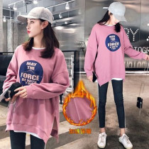 Pregnant women plus velvet fat MM wearing sweater spring and autumn clothing set fashion loose pregnancy long sleeve T-shirt coat tide
