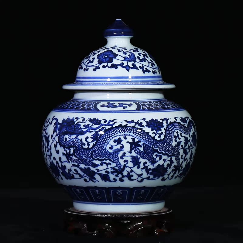 Jingdezhen blue and white dragon ceramics archaize storage tank caddy fixings seal pot candy jar home furnishing articles in the living room