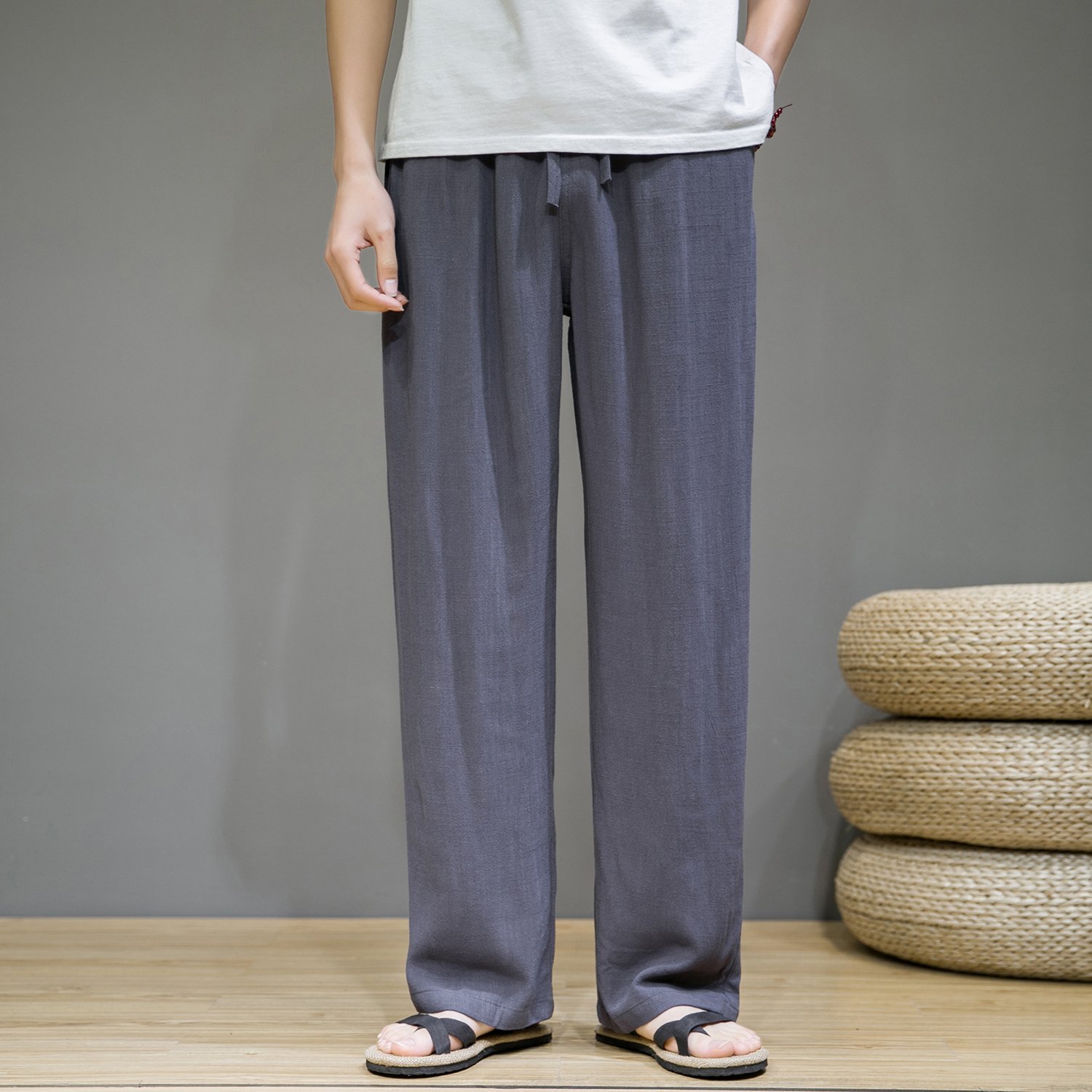 棉麻休闲裤男夏季垂感弹性亚麻裤子中国风潮流长裤薄qt4088p55