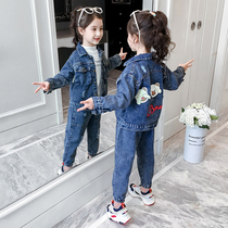 Girls' autumn denim fleece suit 2022 new fashionable children's clothing fashionable children's coat spring autumn two-piece suit