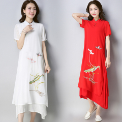 2018夏季新款中国风刺绣民族风立领舒适雪纺短袖连衣裙