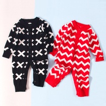 Baby clothes Fall Freshman baby knitted hawear double-layer pure cotton long-sleeved baby suit jumpsuit