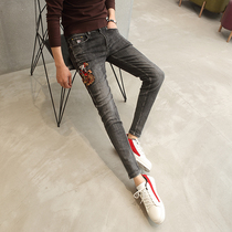 Chaoku embroidered jeans mens trendy brand slim-legged pants stretch fashion trend Chinese style pattern retro pants