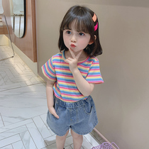  Girls  short-sleeved t-shirt 2021 summer childrens Korean round neck half-sleeved bottoming shirt baby striped Western style top 6