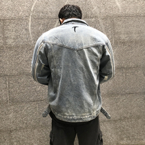 Sports jacket classic light blue loose hole denim muscle training brother European and American casual top men