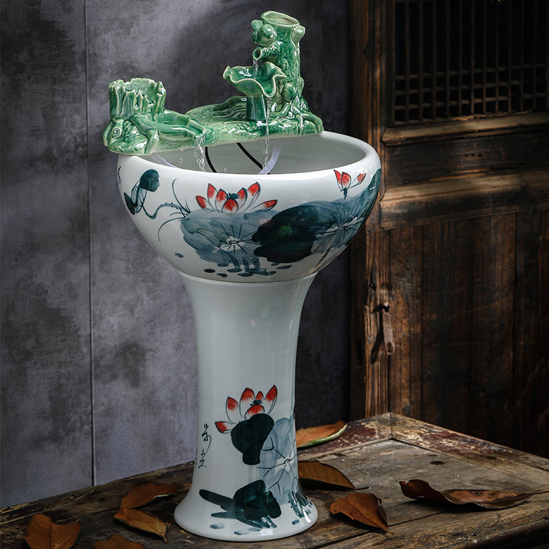 Jingdezhen ceramic aquarium pillar landing circular large goldfish bowl sitting room automatic flow aerobic fish bowl