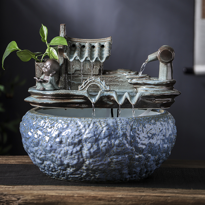 Jingdezhen round ceramic aquarium sitting room feng shui plutus automatic cycle water furnishing articles feng shui jiangnan water wheel