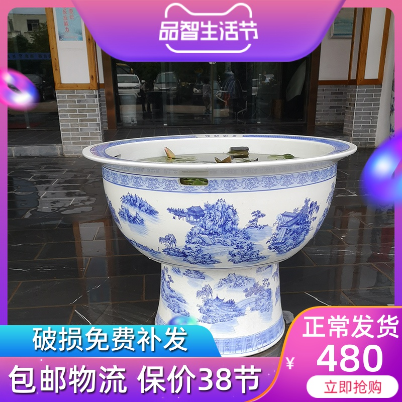 Jingdezhen ceramics column koi fish tanks of large cylinder cylinder water lily basin blue and white landscape is suing the fish tank