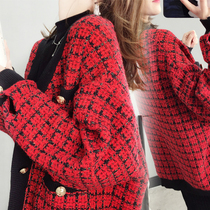 Red plaid sweater cardigan coat women loose net red wild knit sweater 2020 Autumn New