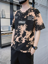 Tie-dyed short-sleeved T-shirt Mens Tide Brand Hip Hop Round Neck Printed Fat Plus Size Fat Sports Clothes Seven-point Sleeve