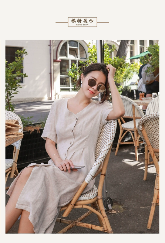 Váy linen ngắn tay mới mùa hè mỏng và tính khí Phong cách Hàn Quốc dài giữa lưng cao cổ chữ V cotton và váy linen dài - Váy eo cao