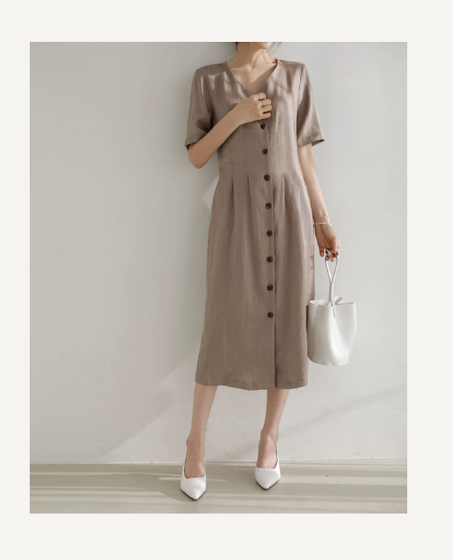 Váy linen ngắn tay mới mùa hè mỏng và tính khí Phong cách Hàn Quốc dài giữa lưng cao cổ chữ V cotton và váy linen dài - Váy eo cao