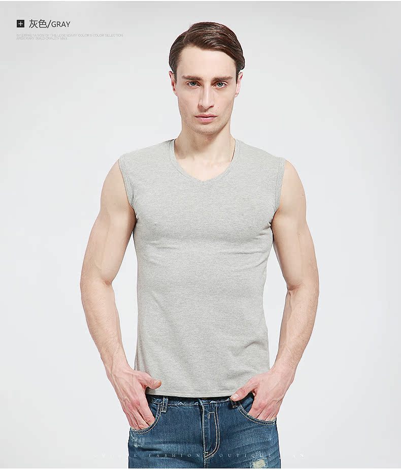 男士背心 男夏季纯棉v领汗衫修身健身运动打底汗背心男 潮