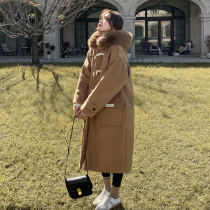 2021 Winter New horn buckle woolen coat womens medium length thick Korean hair collar woolen coat women