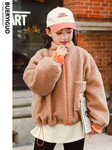 Girls lamb coat 2020 new autumn and winter clothing Korean version of the foreign style in the big child velvet thickened little girl top