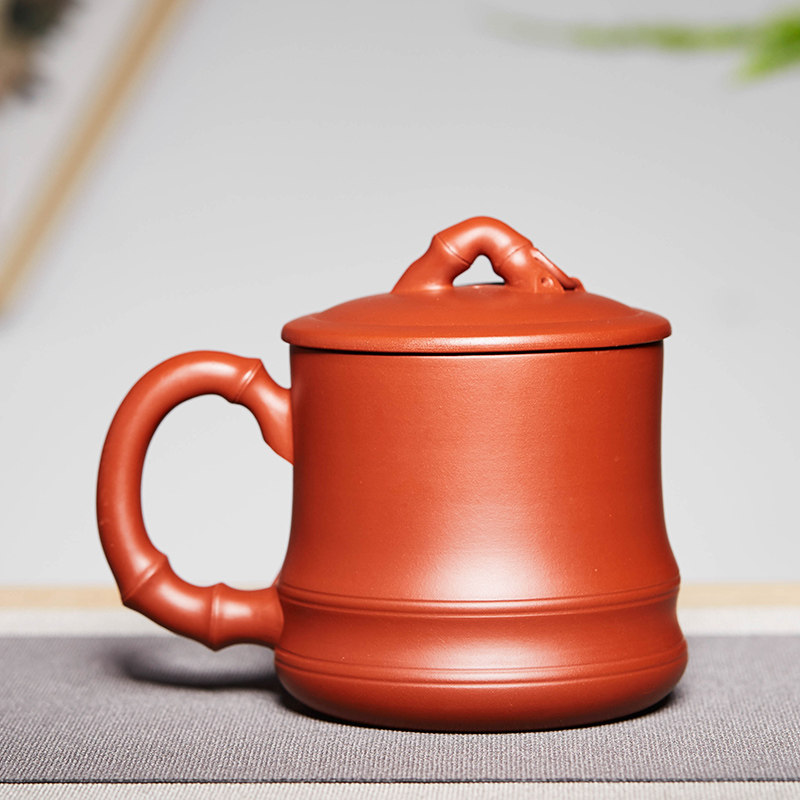 手工紫砂杯大容量带盖大红袍竹节水杯子陶瓷家用茶杯茶具