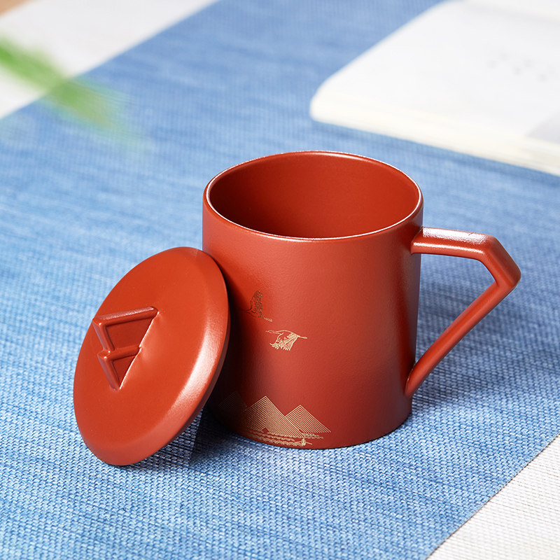 原矿大红袍紫砂泡茶杯描金远山带把盖杯办公茶杯喝水杯子