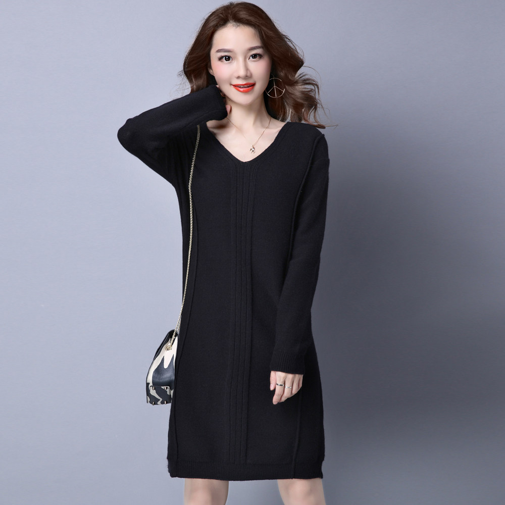 春秋中长款v领套头毛衣女韩版打底衫长袖毛衣裙宽松低领打底毛衣