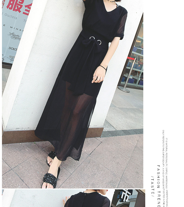 名媛v领长裙2017新款女装修身收腰夏长款连衣