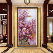 Hand-painted oil painting New Chinese style entrance decoration painting Living room corridor aisle hanging painting Vertical mural flower and bird three-dimensional painting