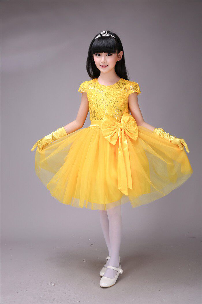 元旦黄色女童连衣裙儿童蓬蓬裙幼儿园小女孩舞蹈表演大合唱服朗诵