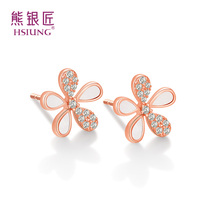 Silver bear silversmith 925 silver five petal flower earrings sweet cute fashion simple small silver stud female