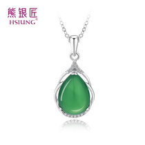 Silver bear silversmith 925 silver necklace female green chalcedony water drop pendant choker send Mother Mothers Day gift