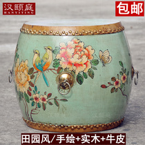 Painted cowhide drum stool Hand-painted sofa round stool small bench creative living room furniture New Chinese solid wood shoe stool