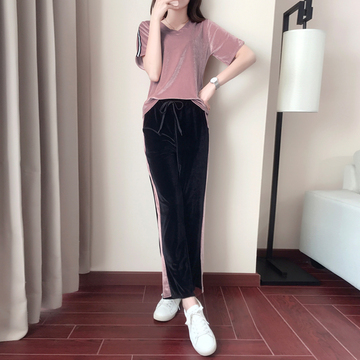 夏装2018新款女省心搭配女装套装金丝绒休闲运动跑步服时髦两件套 夏装2018新款女省心搭配女装套装金丝绒休闲运动跑步服时髦两件套