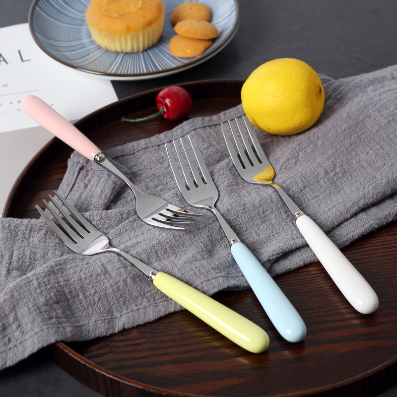 Ceramic candy color long - handled spoons household paring knife fork stainless steel creative lovely children suit three - piece suit