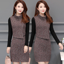 2021 spring and autumn foreign atmosphere thin temperament knitted sweater royal sister light mature wind age reduction two-piece fashion dress women