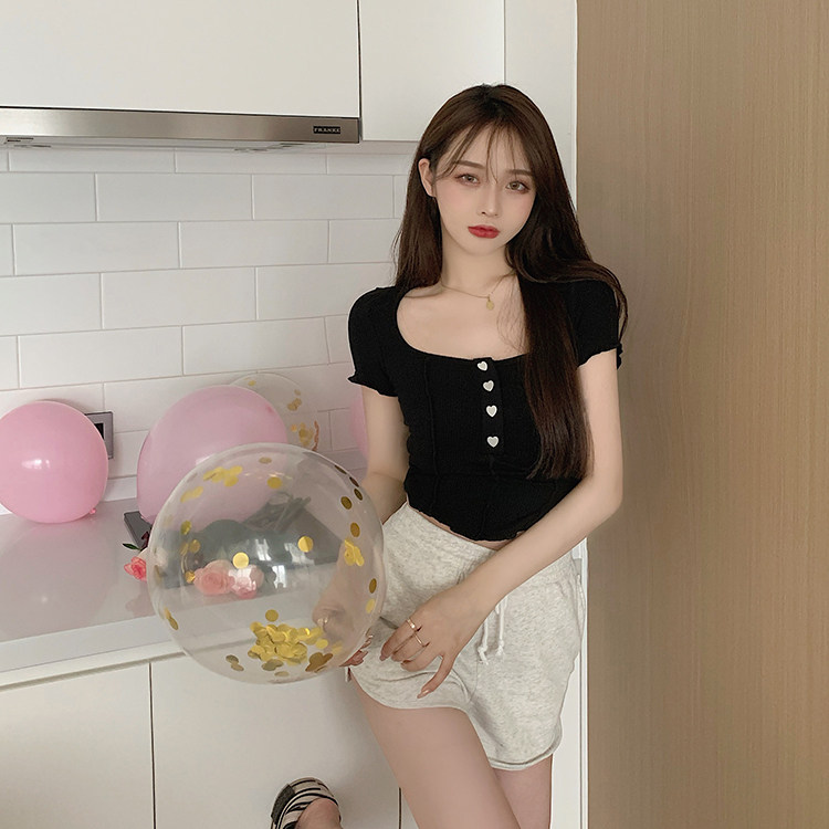 新款爱心扣子u领显瘦t恤 抽绳松紧热裤短裤-西米 miss chens1083#31