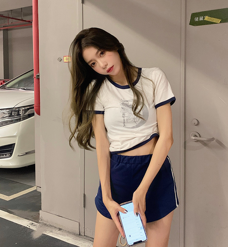 百搭减龄反光印花拼接棉t恤 拼色休闲短裤-西米 miss chens1046#26