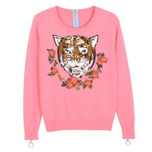 2017早春新款重工亮片老虎头刺绣花针织衫女