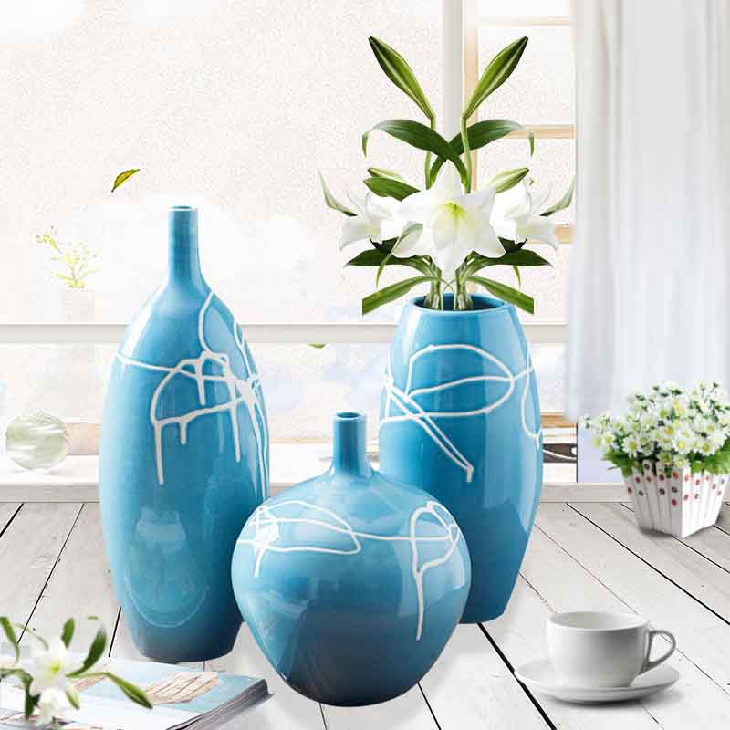 Creative household ceramic vase three - piece sitting room ground ceramic wine accessories furnishing articles process decoration carving