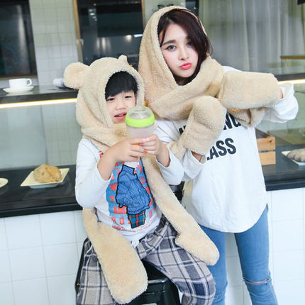 帽子围巾手套三件套女一体冬季天围脖套装韩版儿童成人熊猫女生潮产品展示图5