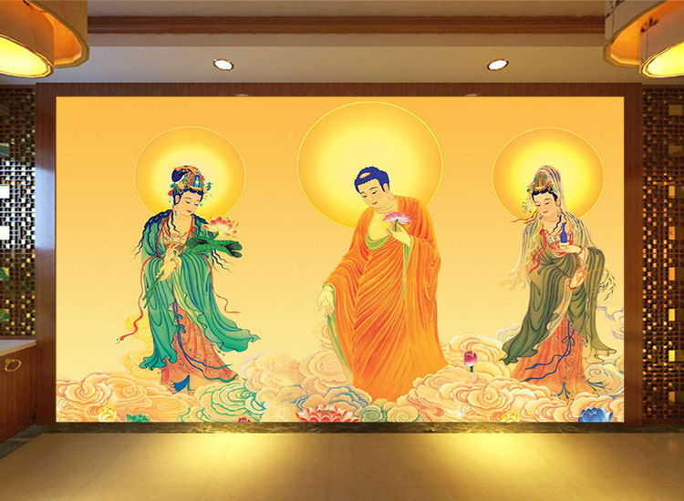 西方三圣壁纸壁画佛堂寺庙宗教玄关客厅背景佛像如来佛祖背景墙纸