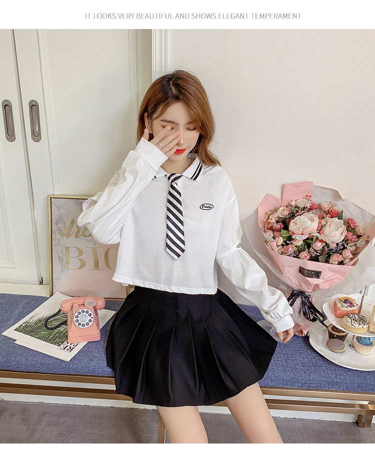 领带上衣女2020新款早秋日系学院风小个子jk制服镂空短款长袖t恤