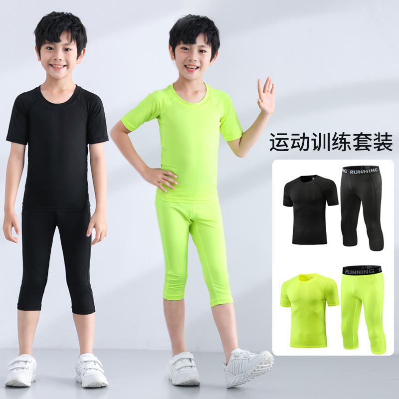 Children Sports Fitness Set Summer Short Sleeve Shorts Capri pants Elastic Quick Dry T-shirt Running Training Clothing