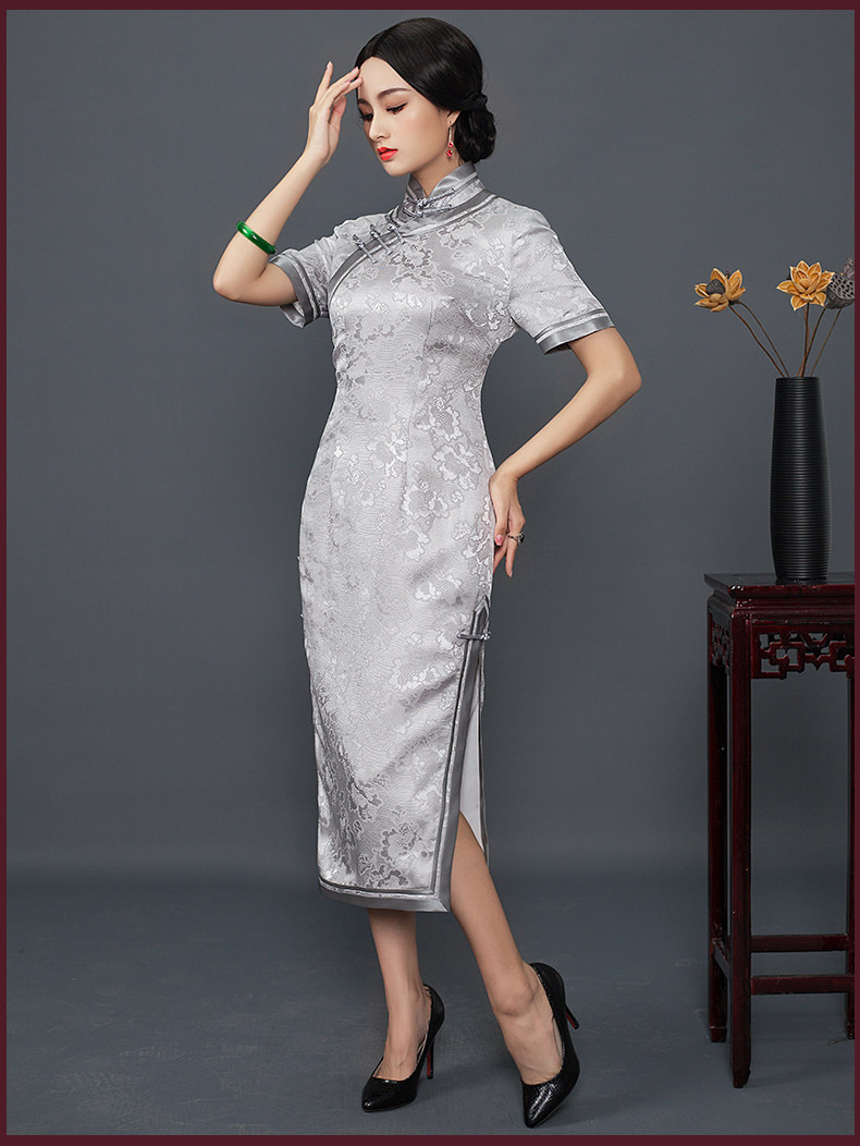 华族经典花罗真丝旗袍中长款桑蚕丝老上海端庄大气中式礼服中国风