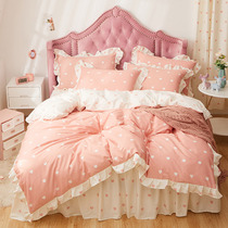 Korean princess style cotton four-piece set 100 cotton girl heart sheets quilt cover fairy bedding three-piece set 4