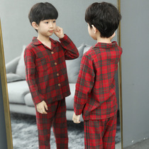 Childrens pajamas spring and autumn cotton boys jacket boys home clothes middle and big children autumn and winter air-conditioning clothing Plaid set