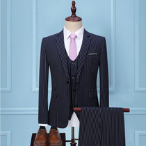 Mens striped suit business suit three-piece Korean slim groom wedding dress best man casual autumn