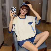Short-sleeved pajamas womens summer thin cotton Korean version of the student cartoon cute loose can be worn outside home clothes two-piece suit