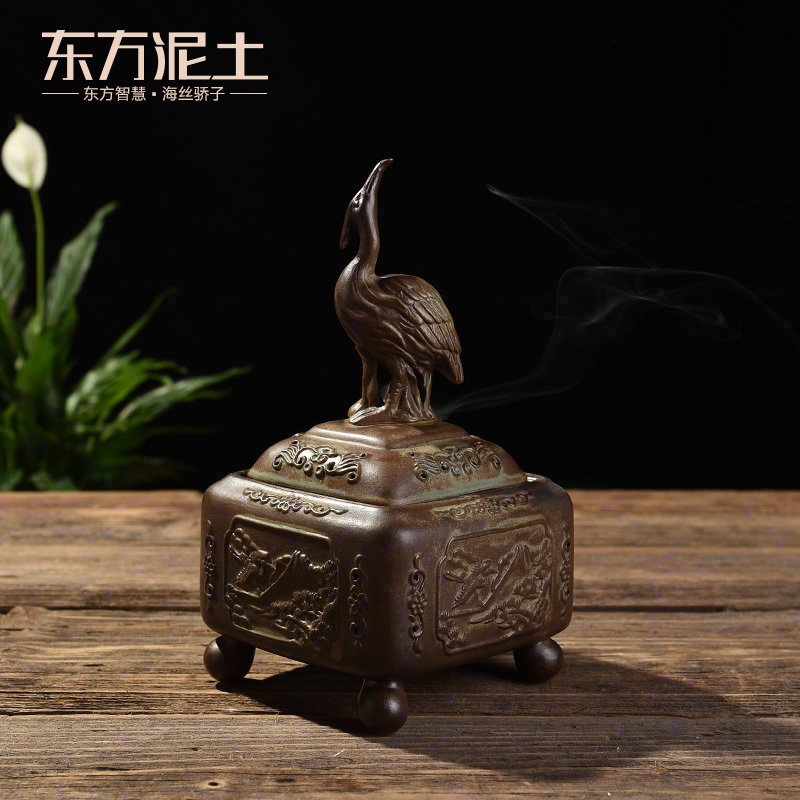 Oriental clay ceramic antique censer household sandalwood disk present indoor purify air crane furnace incense aroma stove