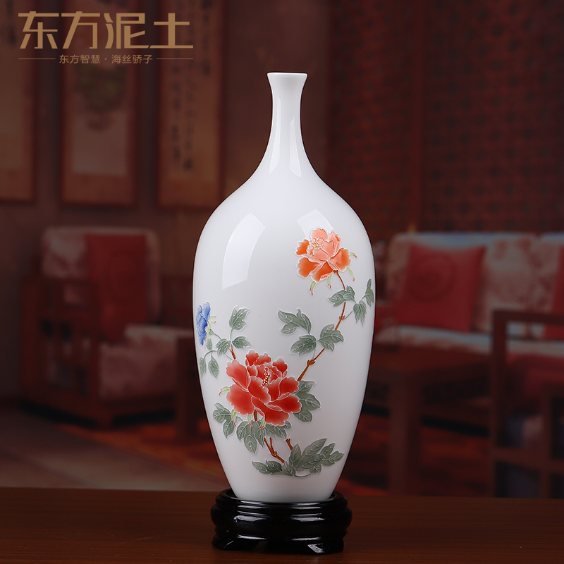 The east mud dehua white porcelain hand - made line carve peony ceramic vases, furnishing articles Chinese porcelain sitting room adornment