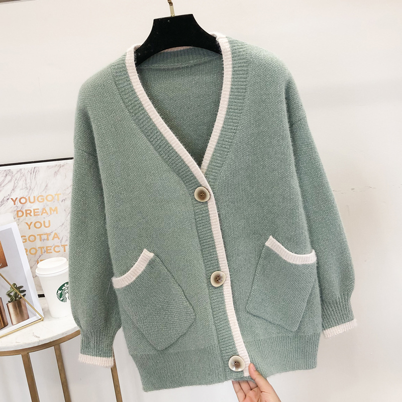 Han edition color knitting sweater 2022 Spring and Autumn New thickened piece - shaped mink - hair long - sleeved sweater coat