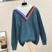 Sequins Contrast Half Turtleneck Loose Sweater Women Mink Hair Long Sleeve base shirt Autumn and Winter Warm Knitting Top